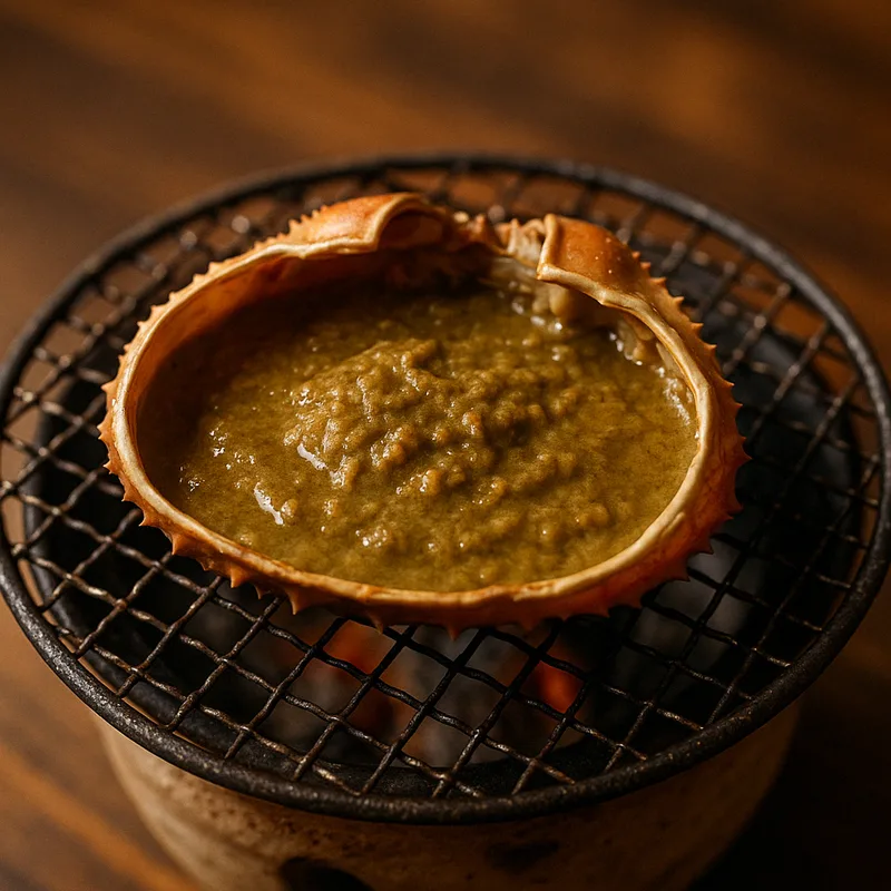 網の上で焼かれる甲羅盛りのかにみそ