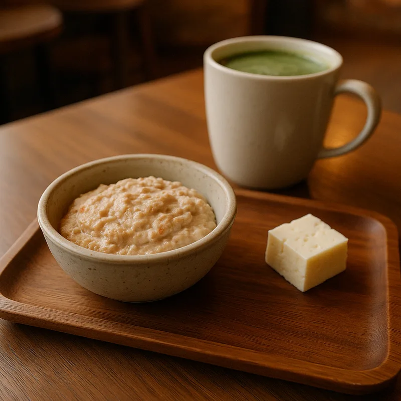 木のトレーに載ったかにみその小鉢とお茶と豆腐