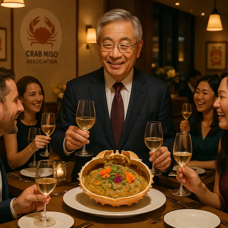 レストランで甲羅盛りのかにみそを囲んで乾杯する人々