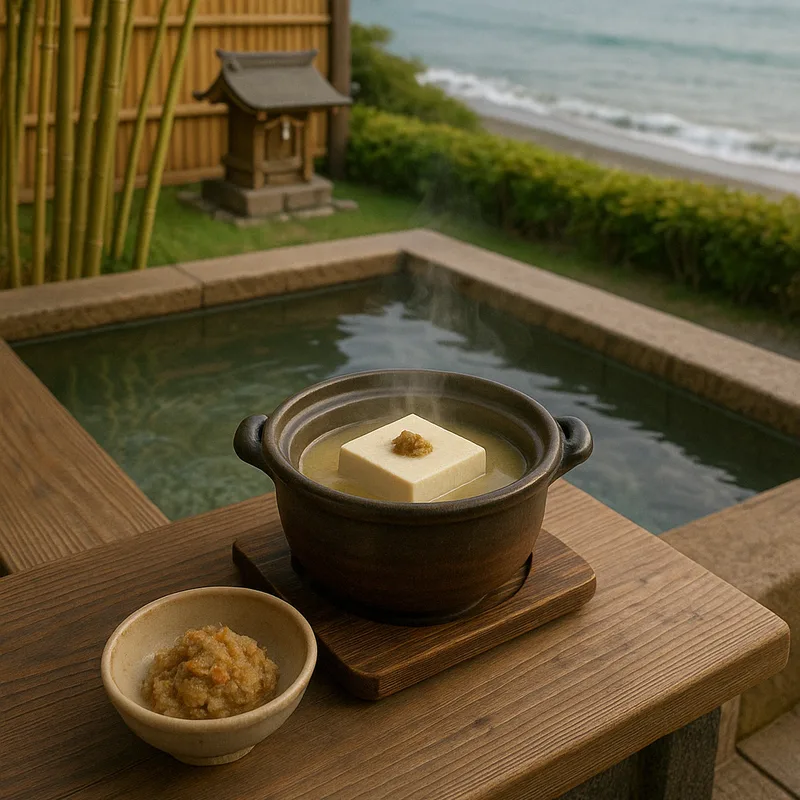 温泉を望む縁側に置かれた湯豆腐とかにみその小鉢
