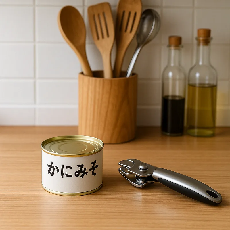 キッチンに置かれたかにみその缶詰と缶切り