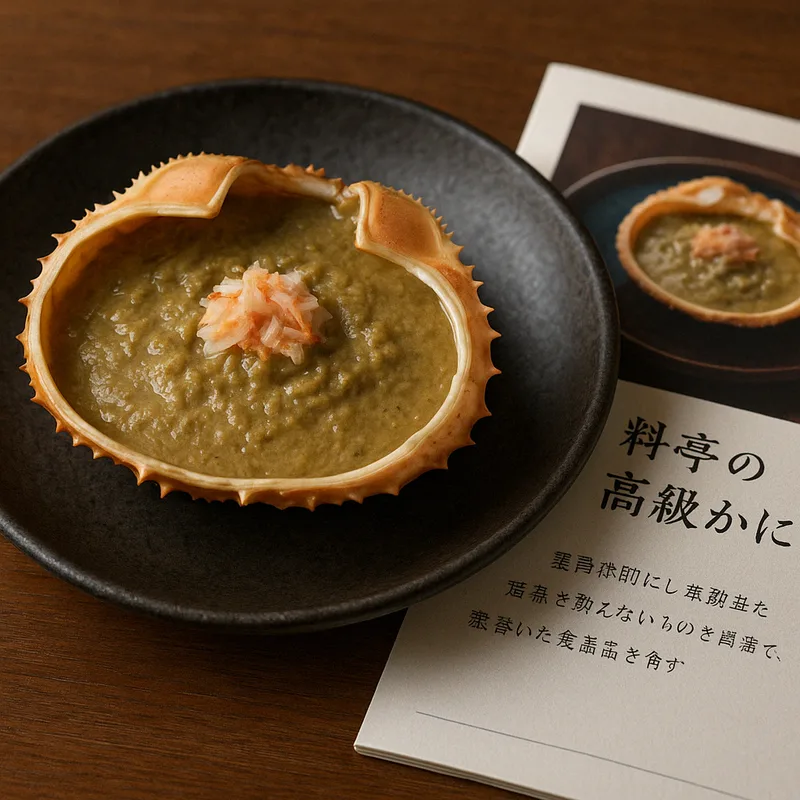 黒い器に盛られた甲羅入りのかにみそと料亭のメニュー